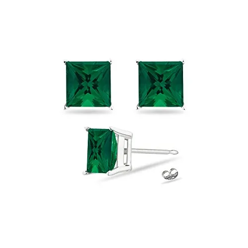 0.25-0.31 Cts of 3 mm AAA Princess Russian Lab Created Emerald Stud Earrings in 14K White Gold