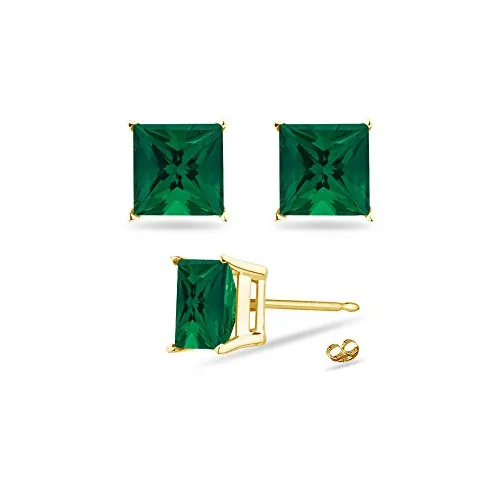 0.25-0.31 Cts of 3 mm AAA Princess Russian Lab Created Emerald Stud Earrings in 14K Yellow Gold