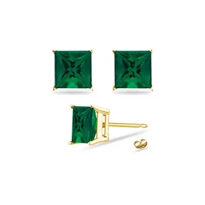 0.25-0.31 Cts of 3 mm AAA Princess Russian Lab Created Emerald Stud Earrings in 14K Yellow Gold