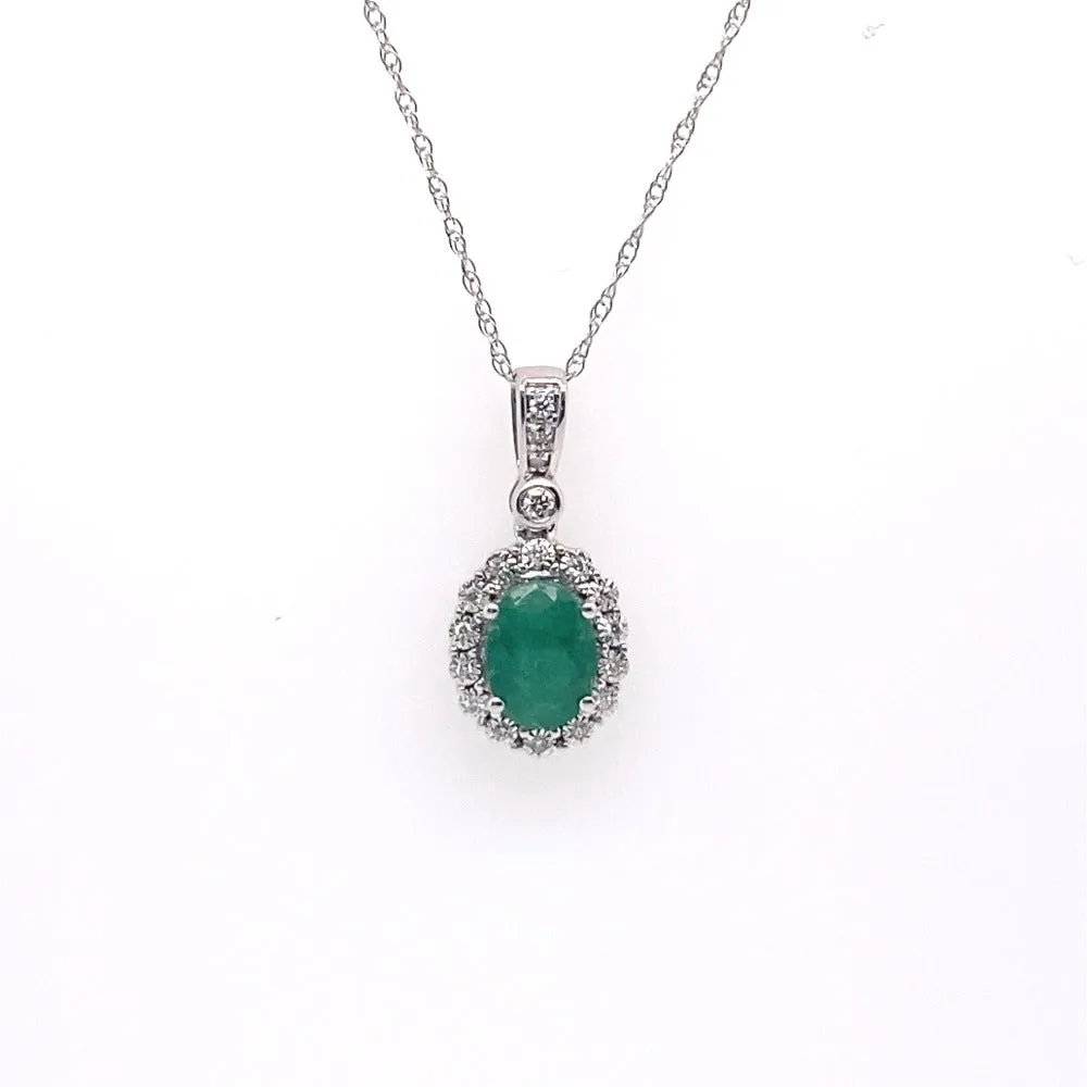 10K White gold Oval Emerald and diamond Halo Necklace