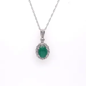 10K White gold Oval Emerald and diamond Halo Necklace