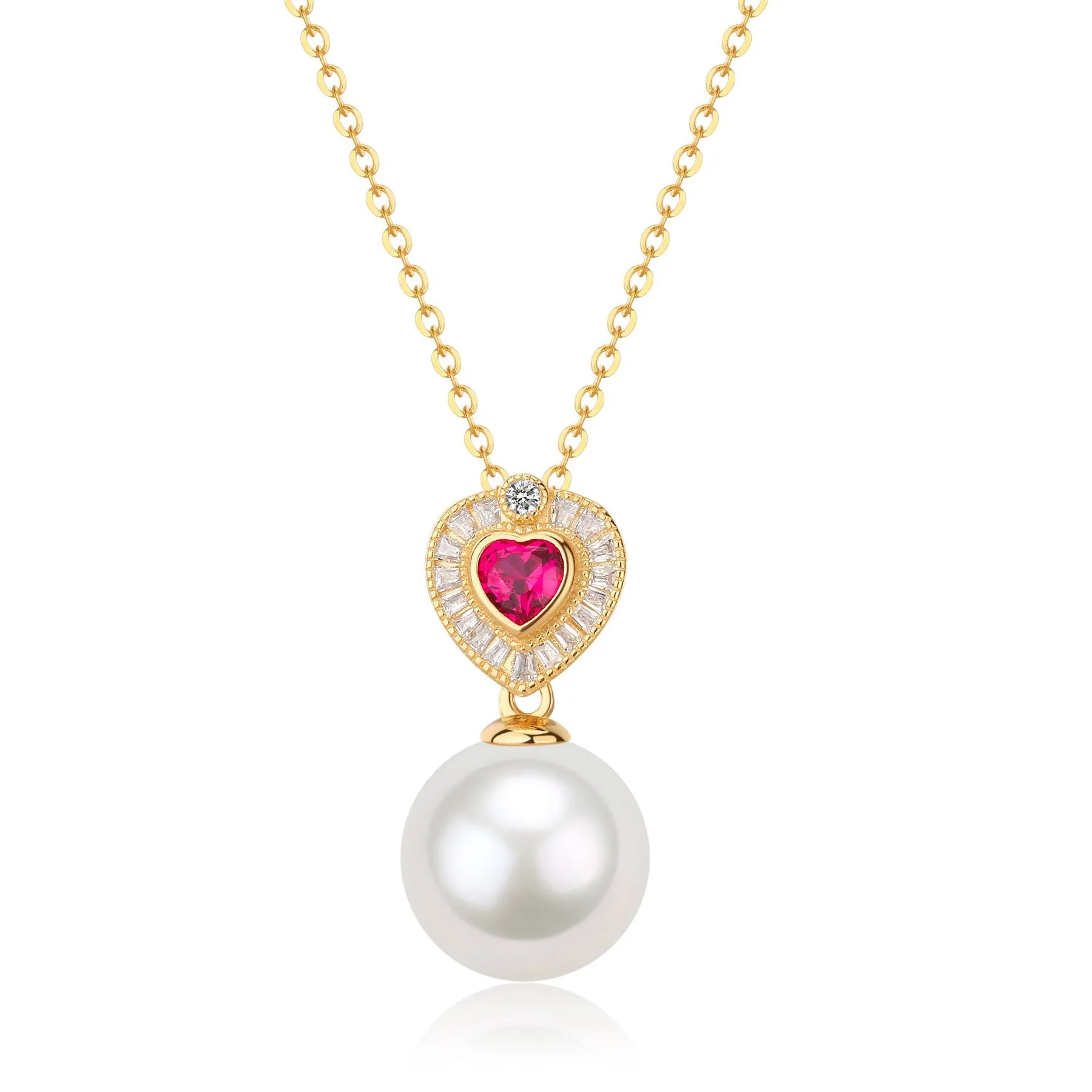 11-12mm Freshwater Pearl & Red Gem Heart Necklace