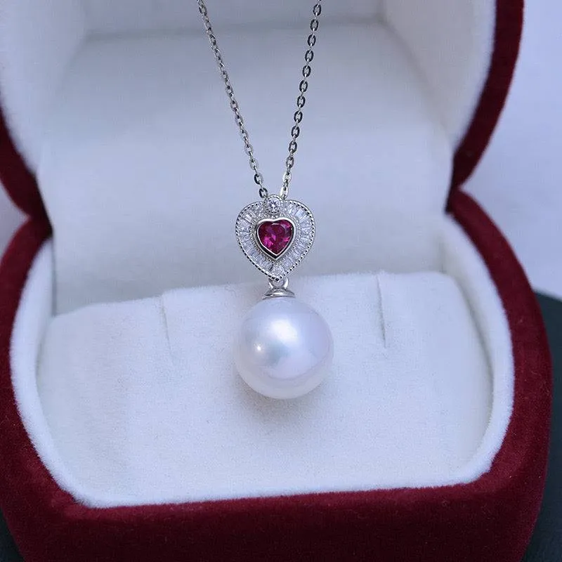 11-12mm Freshwater Pearl & Red Gem Heart Necklace