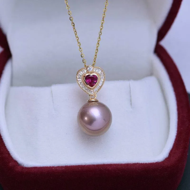 11-12mm Freshwater Pearl & Red Gem Heart Necklace