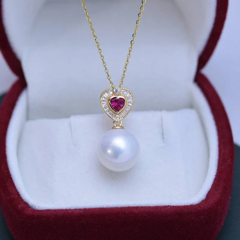 11-12mm Freshwater Pearl & Red Gem Heart Necklace