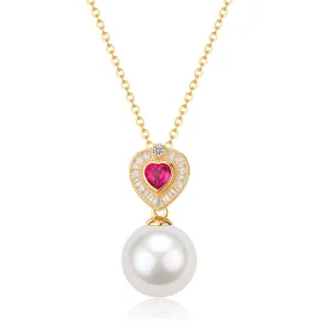 11-12mm Freshwater Pearl & Red Gem Heart Necklace