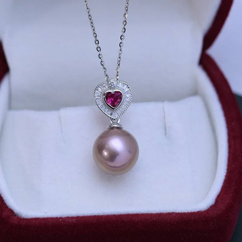 11-12mm Freshwater Pearl & Red Gem Heart Necklace