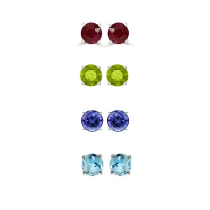 14k White Gold Plated 2Ct Created Ruby, Peridot, Tanzanite and Blue Topaz 4 Pair Round Stud Earrings