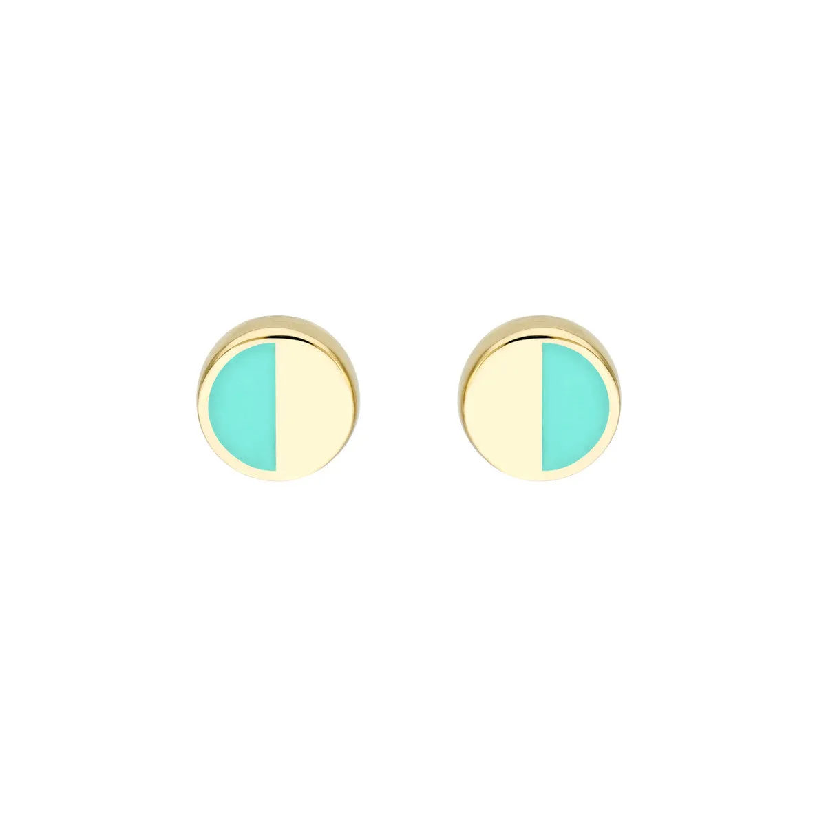 14K YELLOW GOLD 5MM ROUND STUD EARRING SWITH HALF CIRCLE TURQUOISE ENAMEL