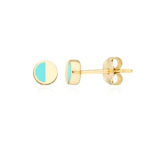 14K YELLOW GOLD 5MM ROUND STUD EARRING SWITH HALF CIRCLE TURQUOISE ENAMEL