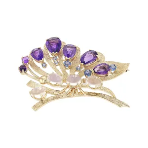 14K Yellow Gold Amethyst, Sapphire and Moonstone Brooch
