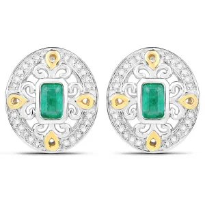 14K Yellow Gold with .925 Sterling Silver 0.69 Carat Genuine Zambian Emerald and White Diamond Earrings