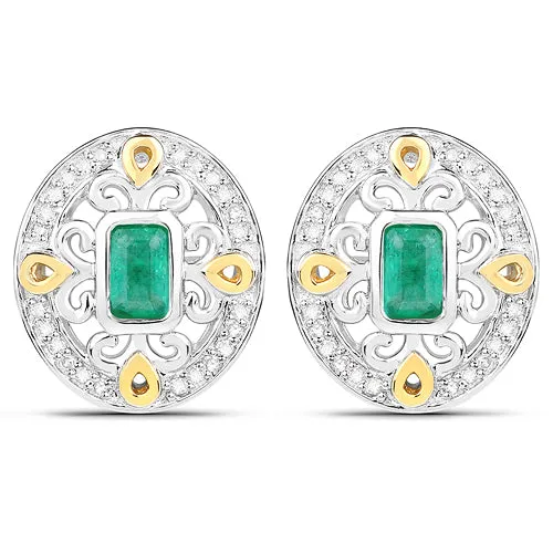 14K Yellow Gold with .925 Sterling Silver 0.69 Carat Genuine Zambian Emerald and White Diamond Earrings