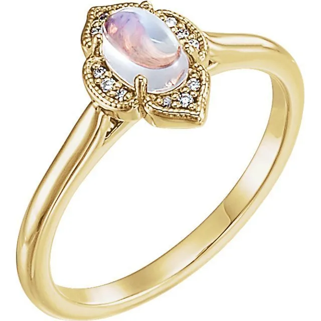 14KT GOLD .60 CT MOONSTONE & .03 CTW DIAMOND CLOVER RING