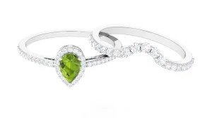 1.5 CT Peridot Designer Teardrop Ring Set with Moissanite Halo