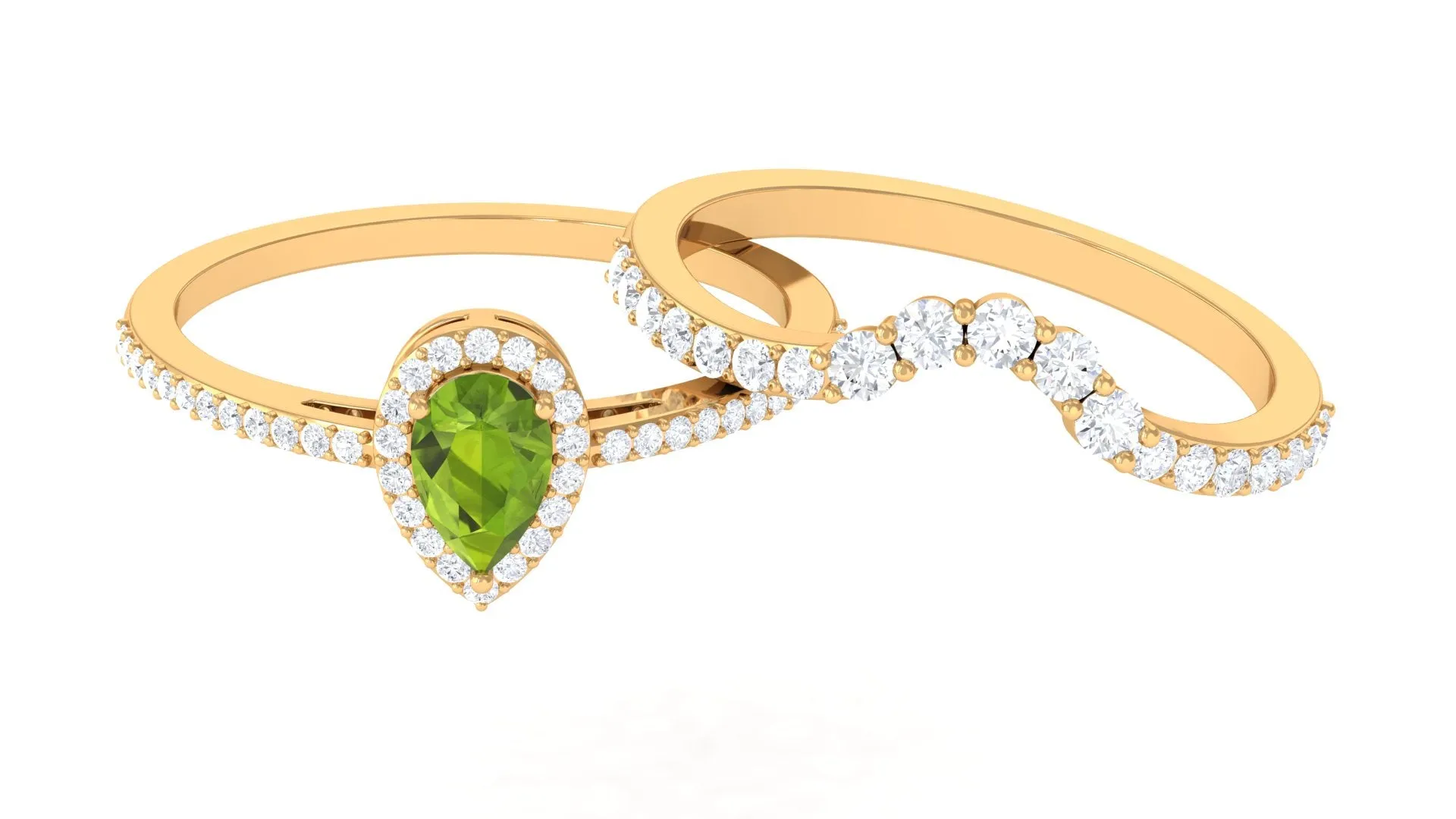 1.5 CT Peridot Designer Teardrop Ring Set with Moissanite Halo