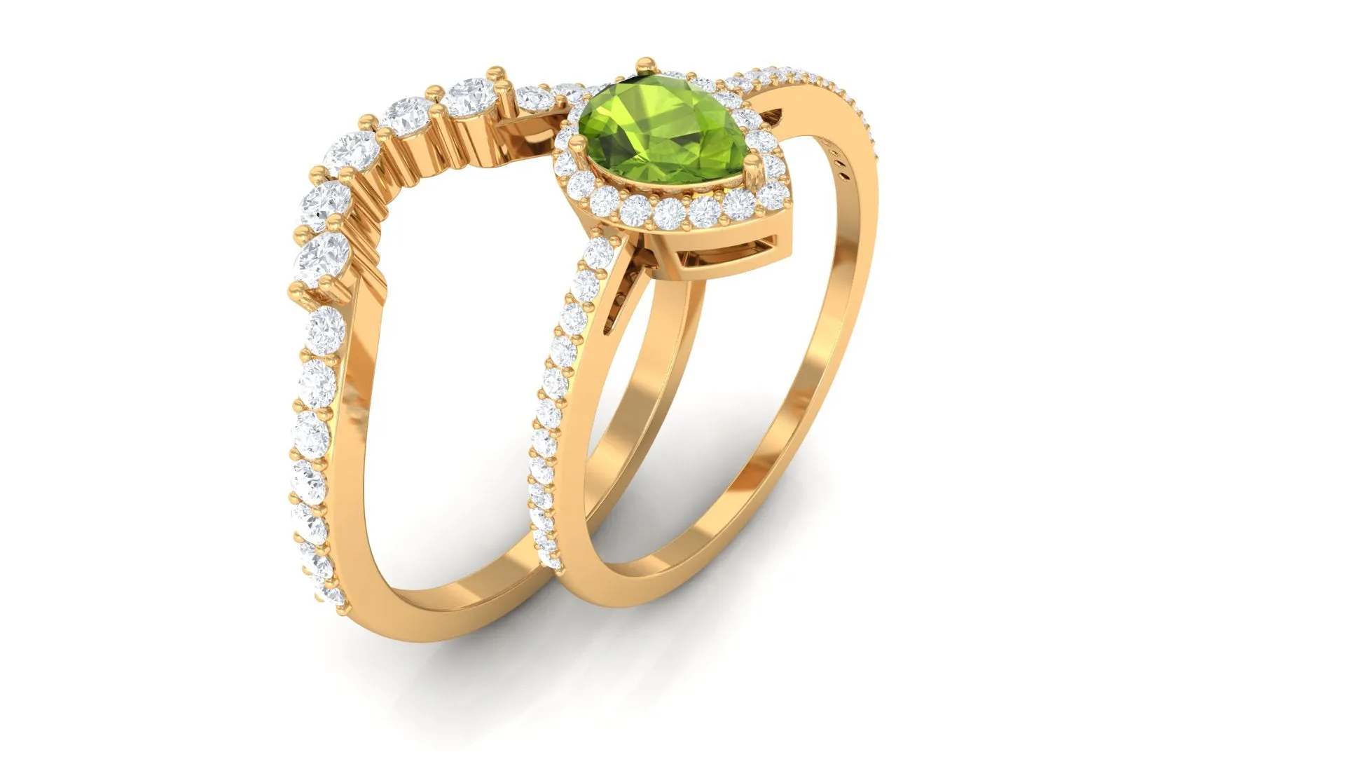 1.5 CT Peridot Designer Teardrop Ring Set with Moissanite Halo