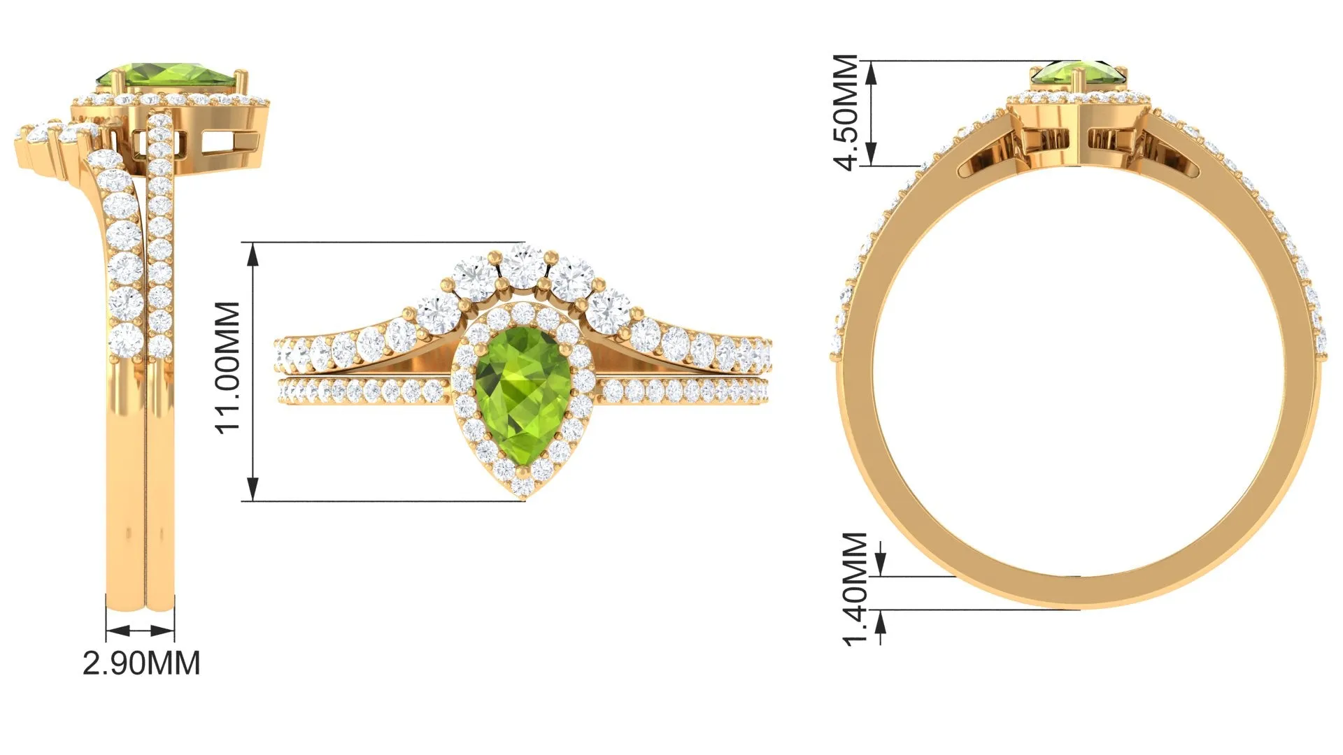 1.5 CT Peridot Designer Teardrop Ring Set with Moissanite Halo