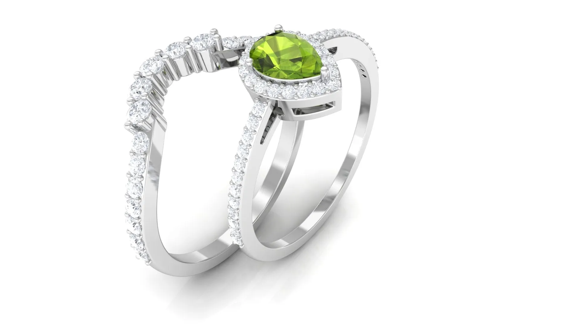 1.5 CT Peridot Designer Teardrop Ring Set with Moissanite Halo