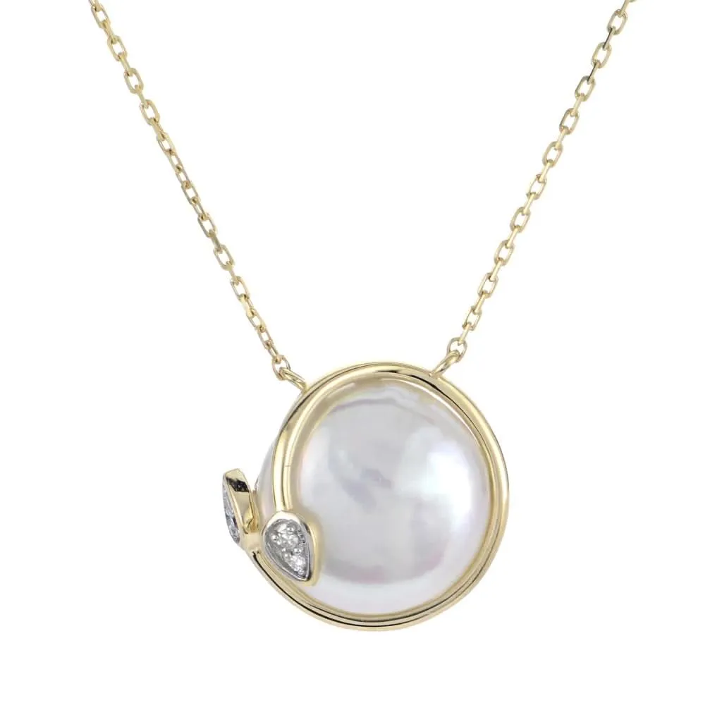 18 inch 14K Yellow Fresh Water Coin Pearl and Natural Diamond Necklace