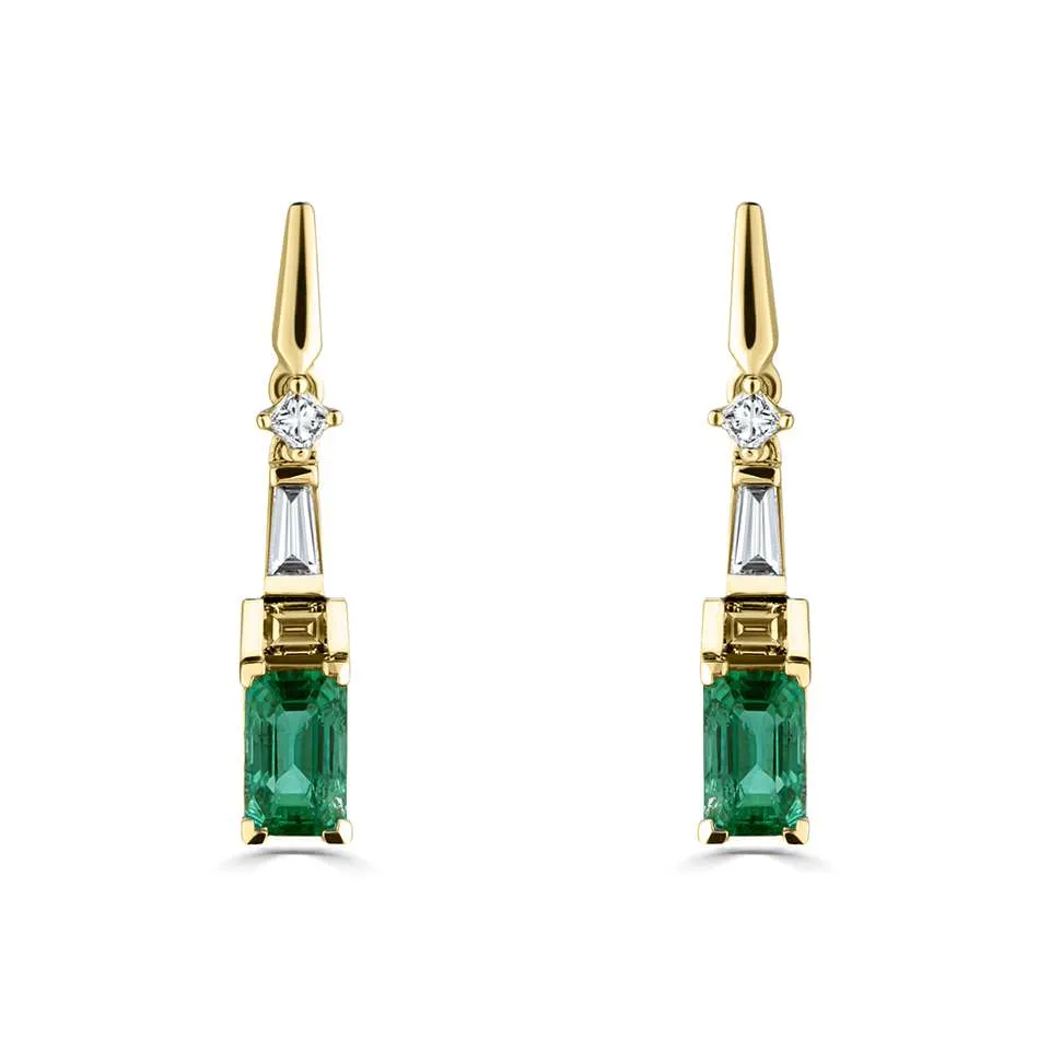 18ct Yellow Gold 0.65ct Emerald And 0.21ct Diamond Mixed Cut Art Deco Style Drop Earrings