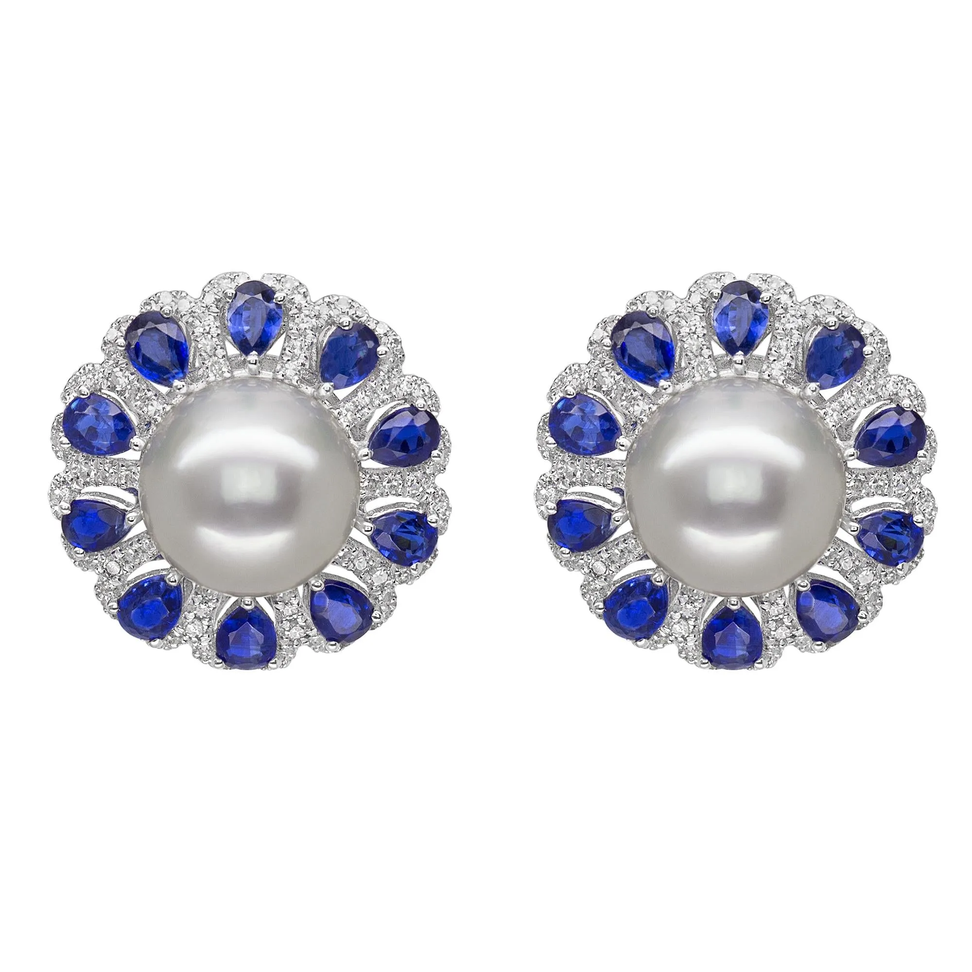 18K White Gold Pearl and Sapphire Earrings