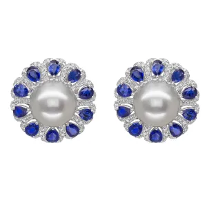 18K White Gold Pearl and Sapphire Earrings