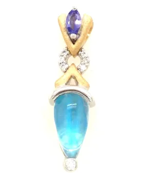 18K Yellow & White Moonstone,Tanzanite and Natural Diamond Pendant