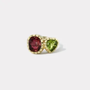1ct Peridot and 1.2ct Rubellite Double Stone Heirloom Bezel Ring