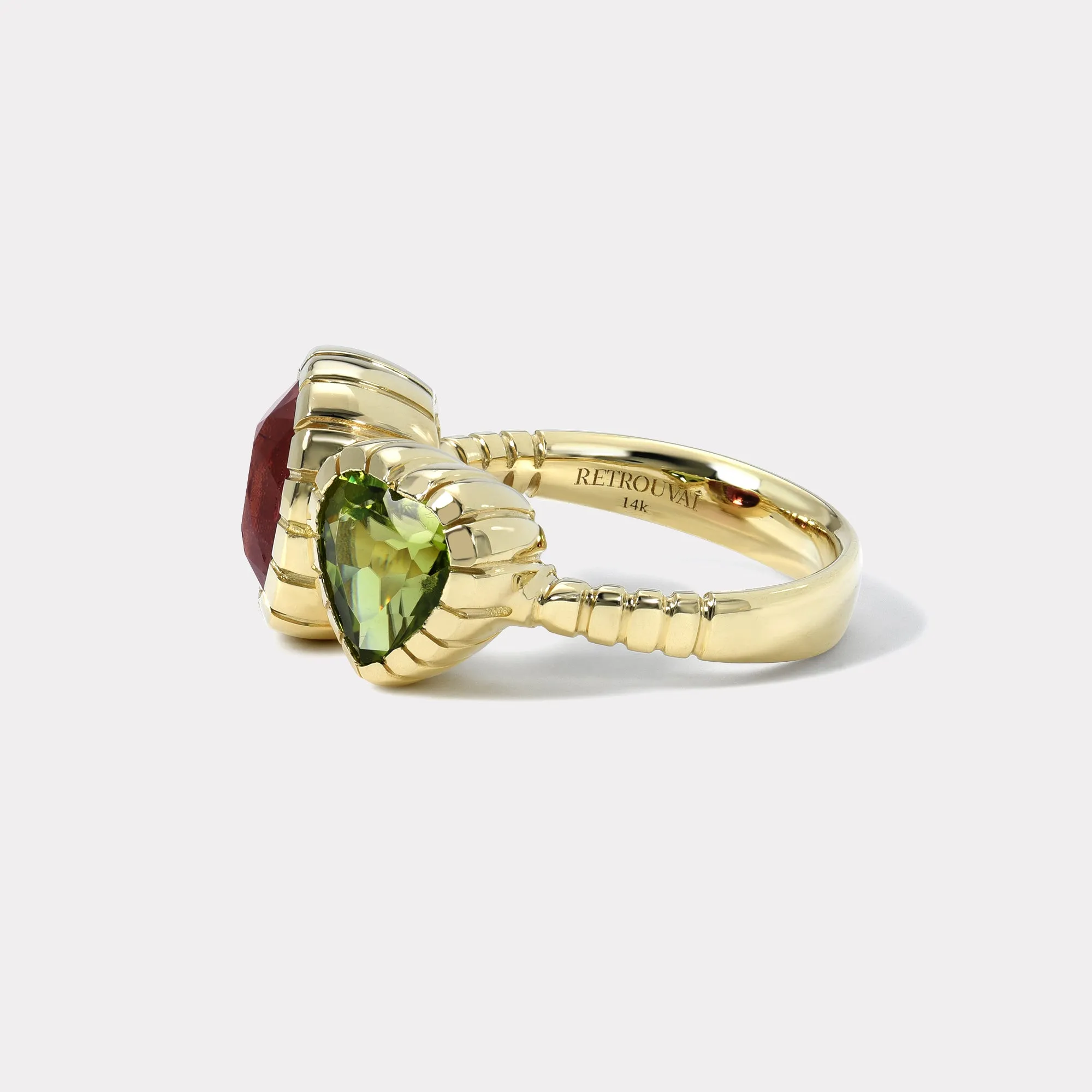 1ct Peridot and 1.2ct Rubellite Double Stone Heirloom Bezel Ring
