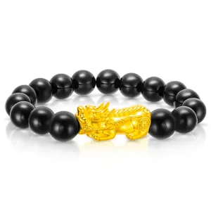 999 Gold Pixiu with Black Agate Beads Bracelet