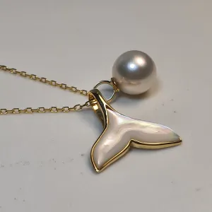 Akoya Pearl & Whale Tail Pendant   Chain, 18K Yellow Gold