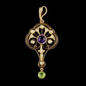Antique Edwardian Suffragette Pendant 0.75Ct Amethyst 15Ct Gold Circa 1910
