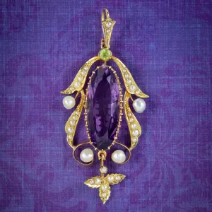 Antique Edwardian Suffragette Pendant 15ct Gold 10ct Amethyst Circa 1910