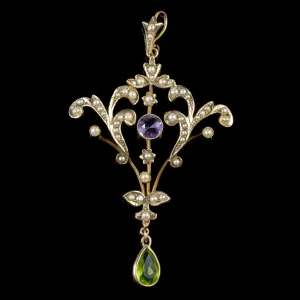 Antique Edwardian Suffragette Pendant Amethyst Peridot Pearl Circa 1910