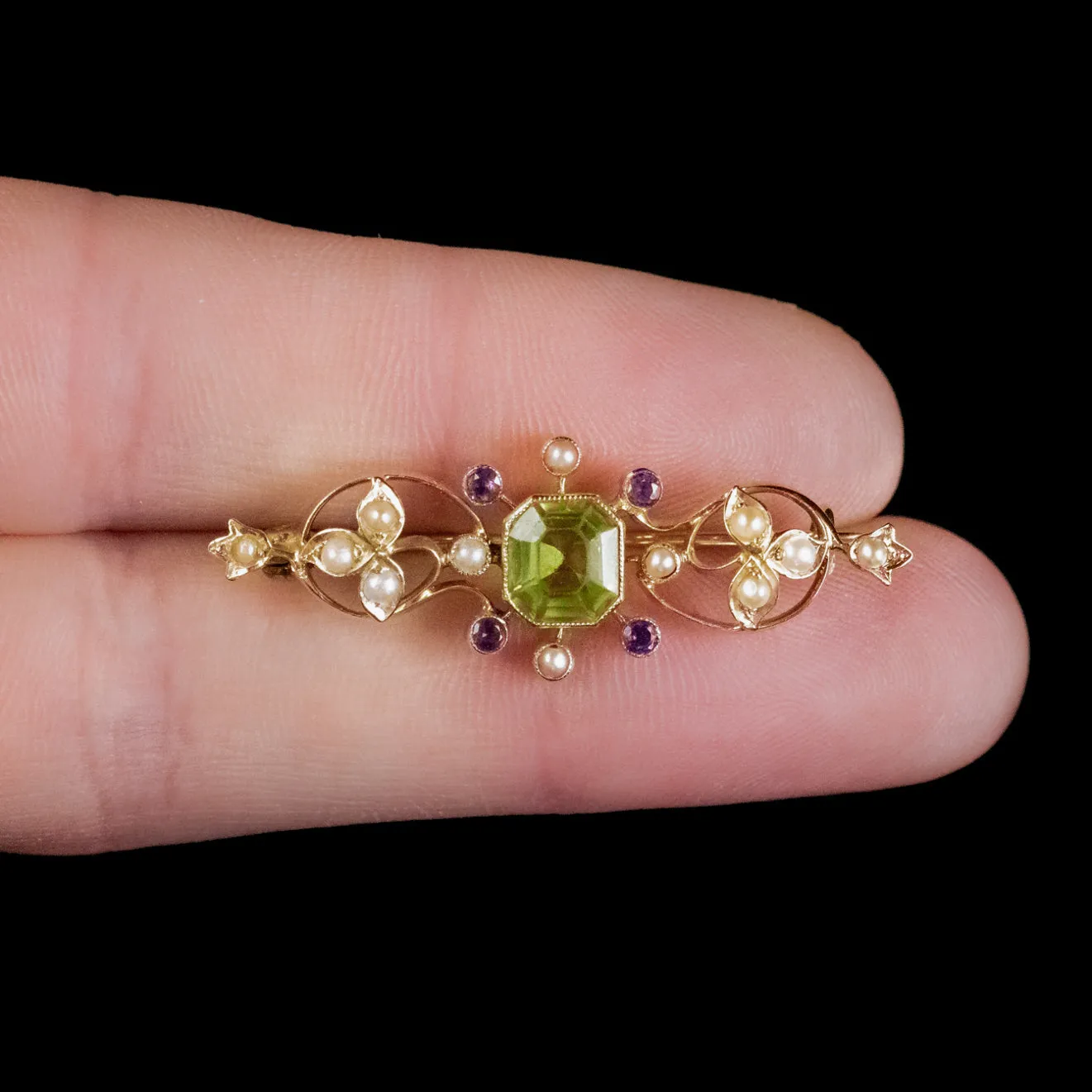 Antique Edwardian Suffragette Peridot Amethyst Pearl Brooch 18ct Gold Circa 1910