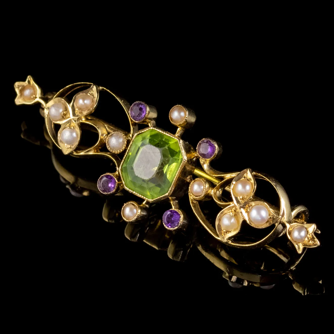 Antique Edwardian Suffragette Peridot Amethyst Pearl Brooch 18ct Gold Circa 1910