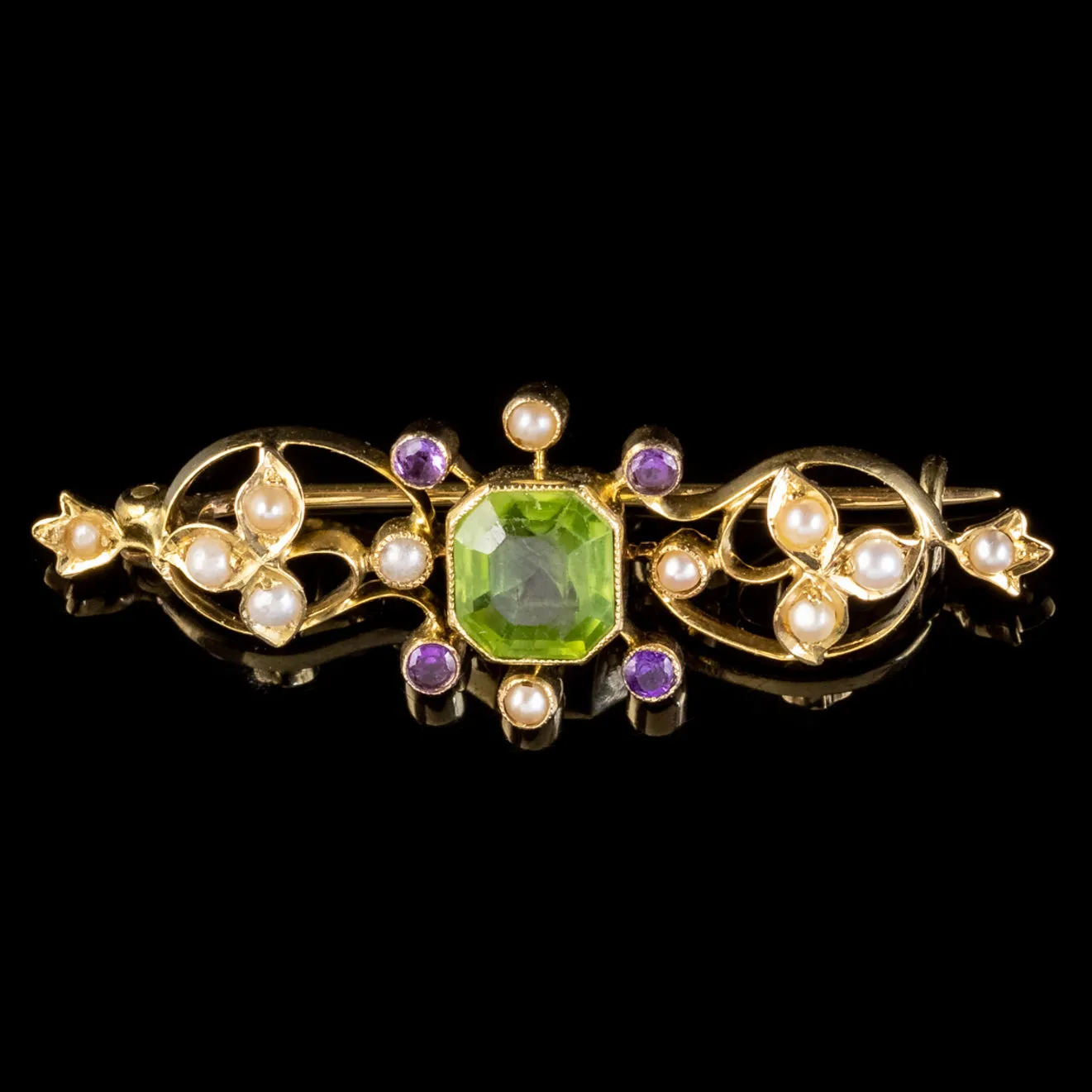 Antique Edwardian Suffragette Peridot Amethyst Pearl Brooch 18ct Gold Circa 1910