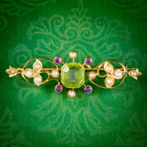 Antique Edwardian Suffragette Peridot Amethyst Pearl Brooch 18ct Gold Circa 1910