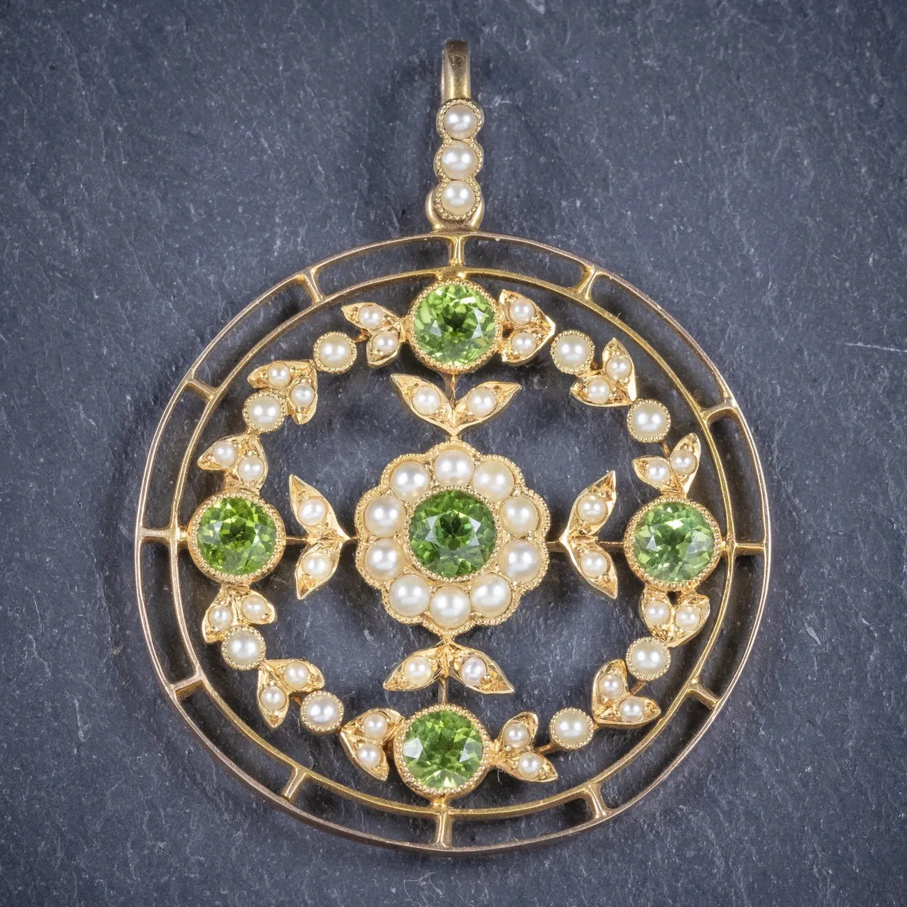 Antique Victorian Floral Peridot Pearl Pendant 18Ct Gold Circa 1900