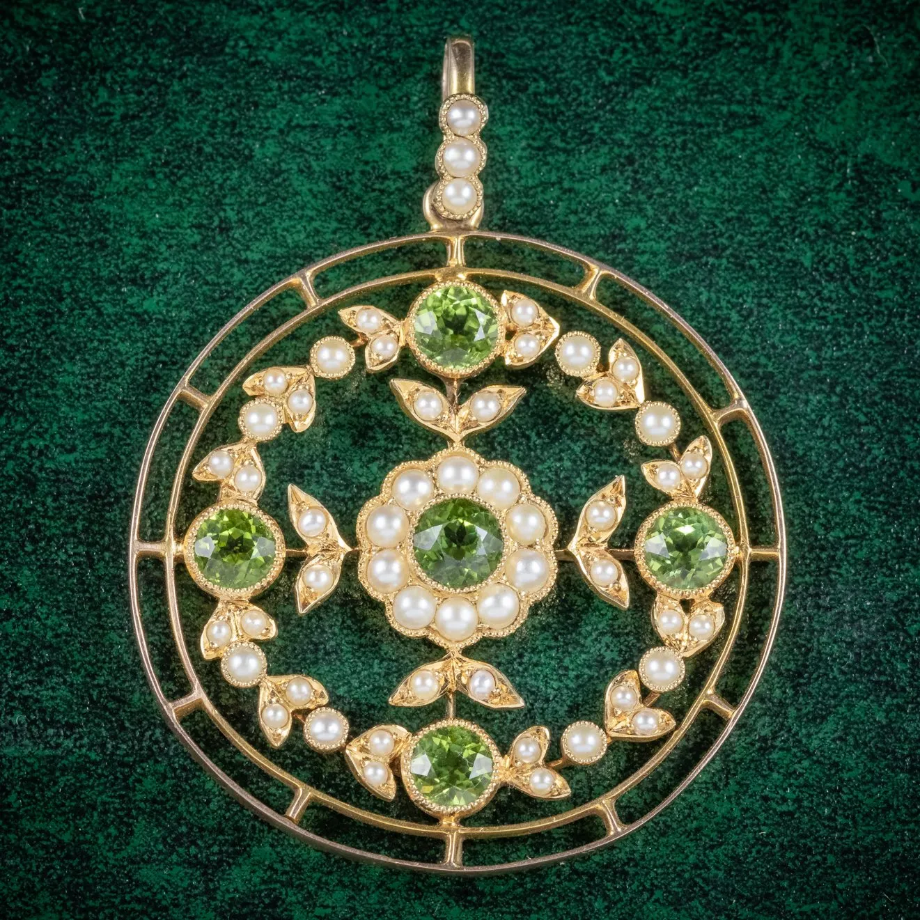 Antique Victorian Floral Peridot Pearl Pendant 18Ct Gold Circa 1900