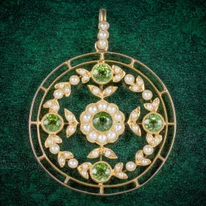 Antique Victorian Floral Peridot Pearl Pendant 18Ct Gold Circa 1900