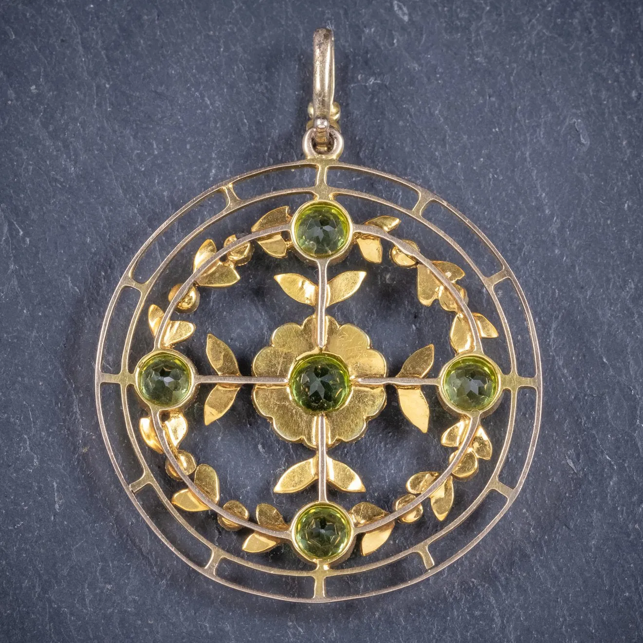 Antique Victorian Floral Peridot Pearl Pendant 18Ct Gold Circa 1900