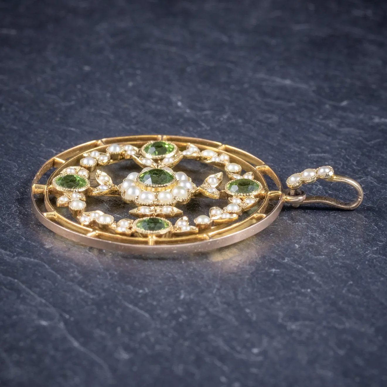 Antique Victorian Floral Peridot Pearl Pendant 18Ct Gold Circa 1900
