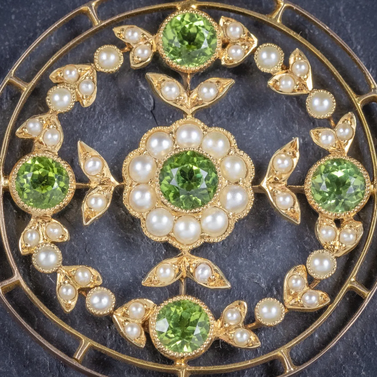 Antique Victorian Floral Peridot Pearl Pendant 18Ct Gold Circa 1900