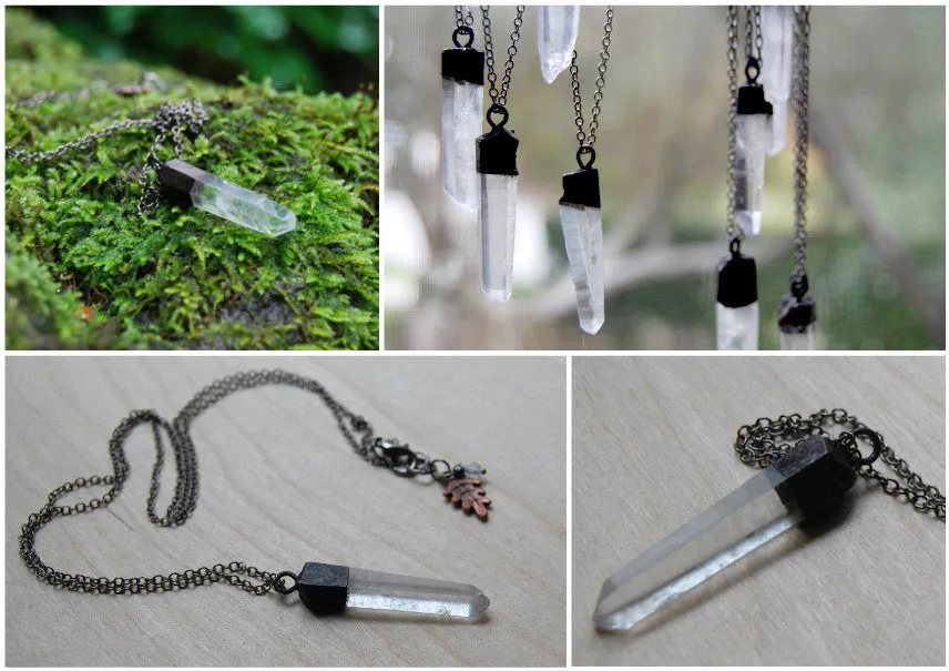 Antiqued Crystal Quartz Necklace | Electroformed Pendant | Crystal Quartz Necklace