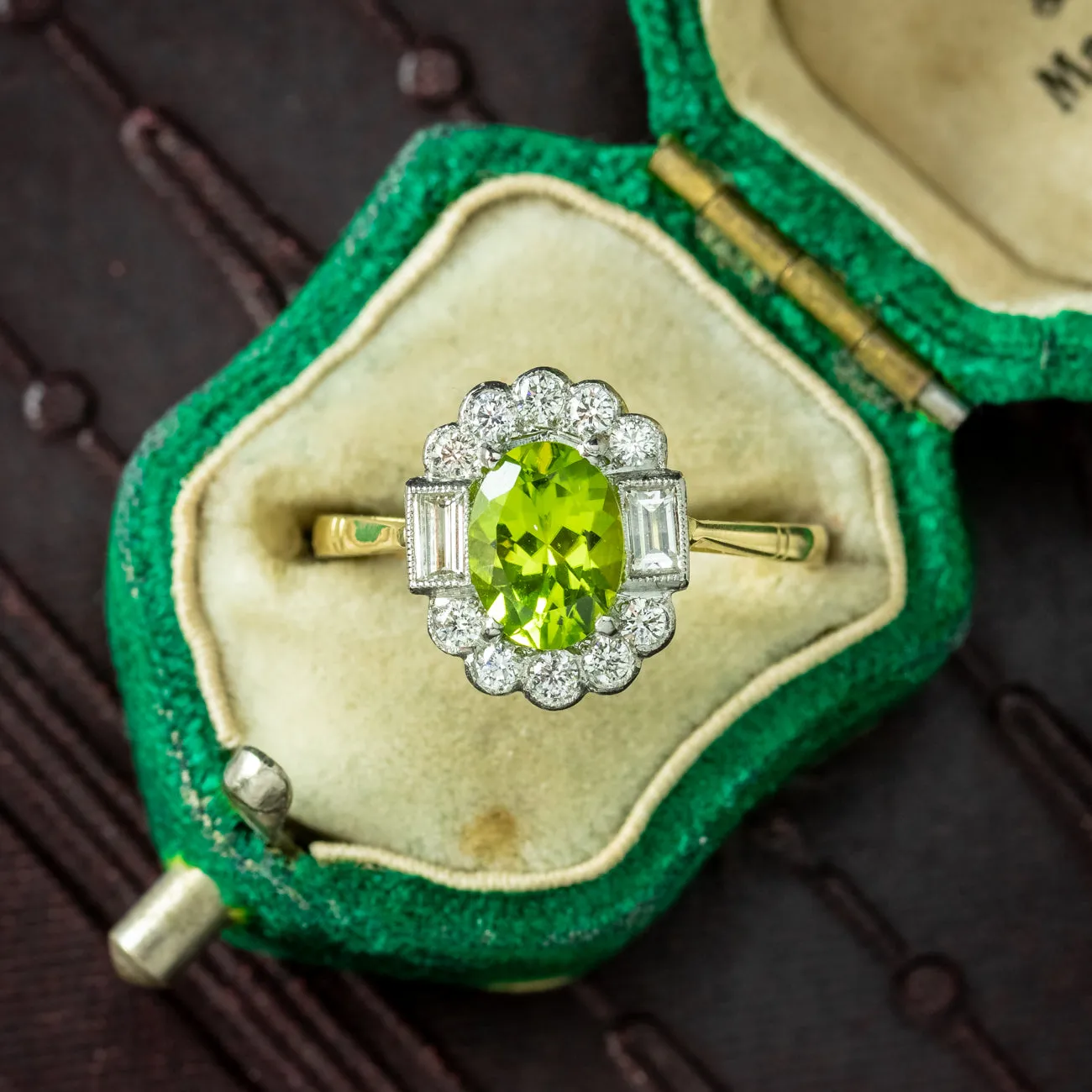Art Deco Style Peridot Diamond Cluster Ring 1.3ct Peridot