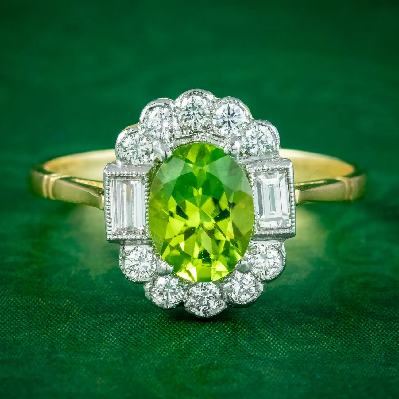 Art Deco Style Peridot Diamond Cluster Ring 1.3ct Peridot