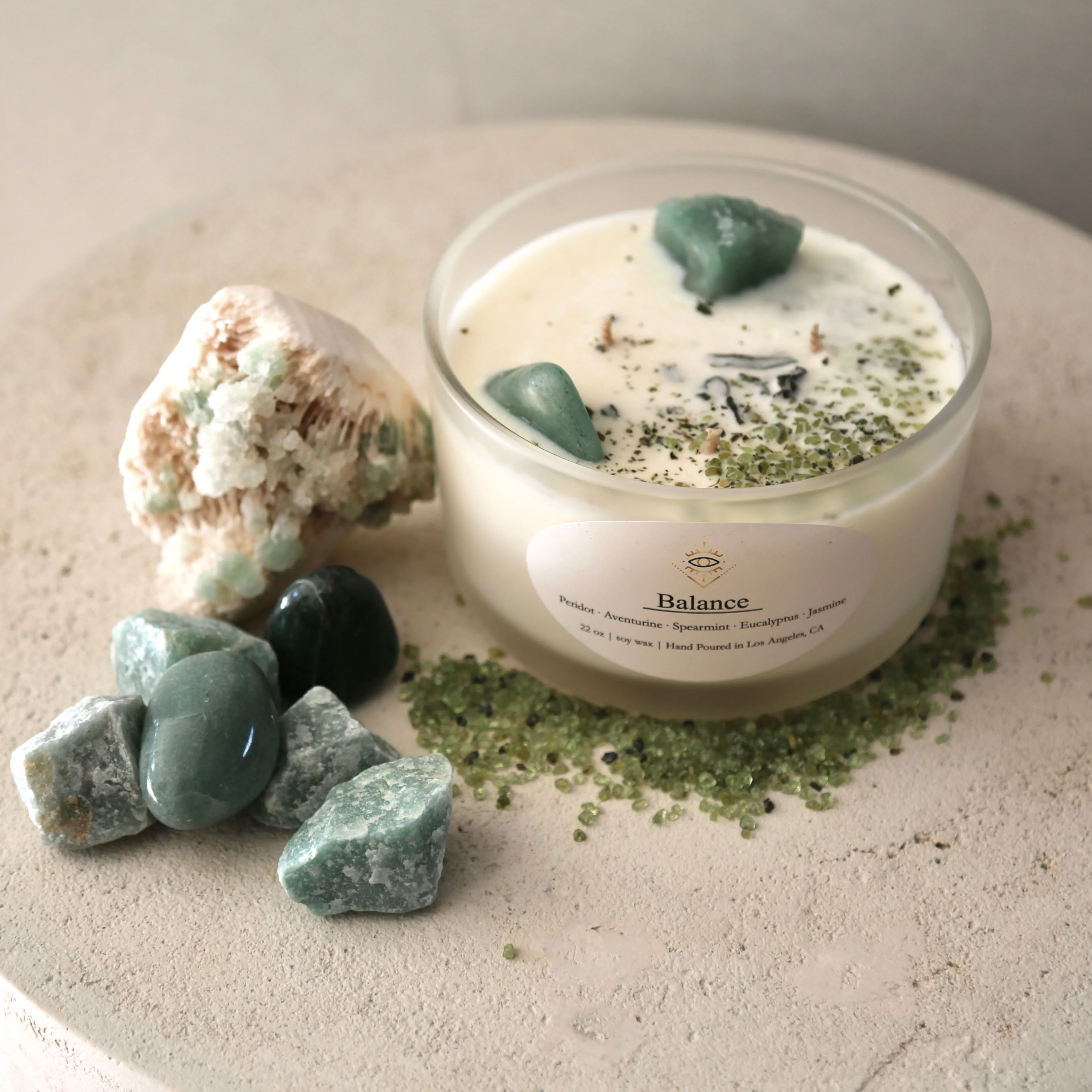 Balance Intention Candle: Green Aventurine   Peridot Crystals