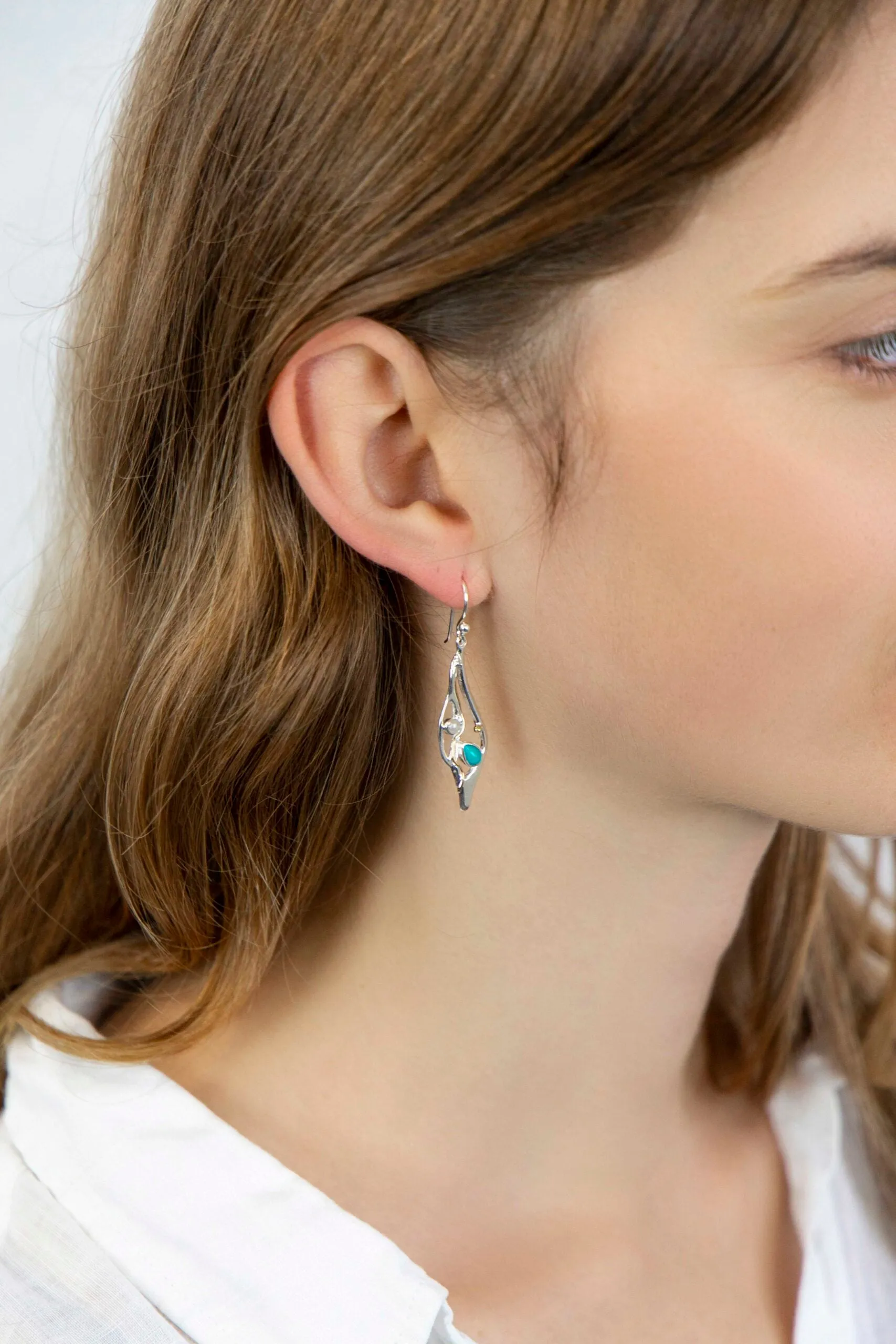 Banyan Molten Silver Drop Earrings with Turquoise and Pearl